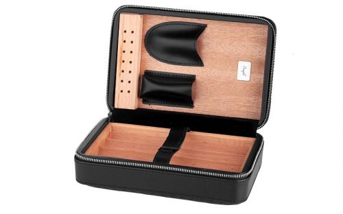 Utazó humidor 4 szál szivarhoz - cédrusfa szivartartó doboz, fekete bőr borítású (20x14cm)
