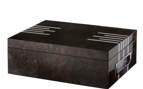 Humidor 50 szál szivar részére, spanyol cédrusfa szivar doboz, párásító, digitális hygrométer - lakkozott barna, ezüst mintával