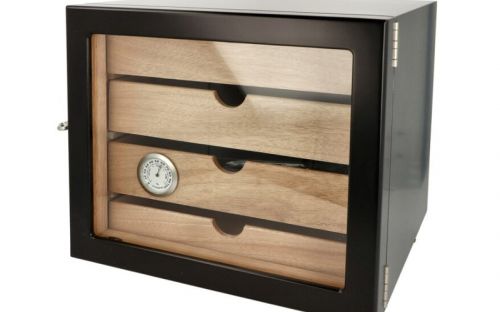 Humidor szekrény 80 szivar részére, 4 fiókkal, üveg ajtós, zárható,  külső higrométer, párásító - fekete, Angelo