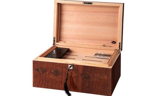 Humidor 80 szivar részére, spanyol cedrusfa szivar doboz, párásítóval, digitális hygrometer - intarziás