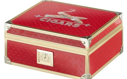 Humidor 40 szál szivar részére, cédrusfa szivar doboz, párásítóval, hygrométerrel - piros, aranyszínű fémkerettel, Angelo