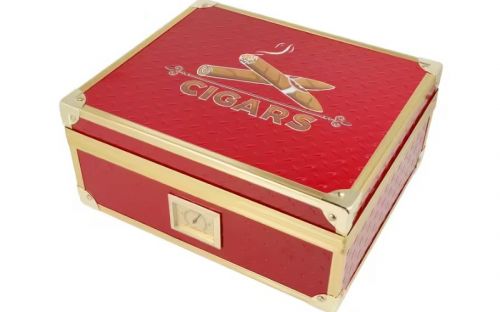 Humidor 40 szál szivar részére, cédrusfa szivar doboz, párásítóval, hygrométerrel - piros, aranyszínű fémkerettel, Angelo