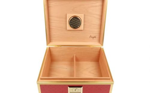 Humidor 40 szál szivar részére, cédrusfa szivar doboz, párásítóval, hygrométerrel - piros, aranyszínű fémkerettel, Angelo