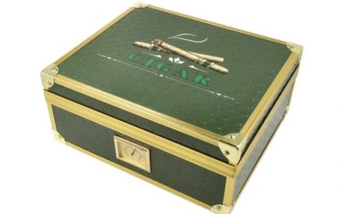 Humidor 40 szál szivar részére, cédrusfa szivar doboz, párásítóval, hygrométerrel - zöld, aranyszínű fémkerettel, Angelo