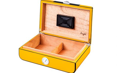 Humidor 50 szál szivar részére, cédrusfa szivar tároló doboz, párásítóval, külső hygrométerrel, carbo/sárga, ovál - Angelo