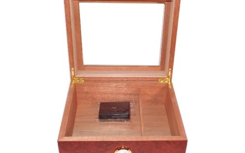 Humidor 50 szál szivar részére, spanyol cédrusfa szivar doboz, párásító, külső hygrométer - Bruyere-mintás, üvegtetős