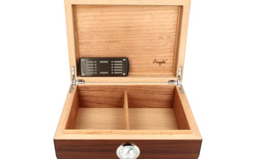 Humidor 50 szál szivar részére, cédrusfa szivar tároló doboz, párásítóval, külső hygrométerrel, barna, ovál - Angelo