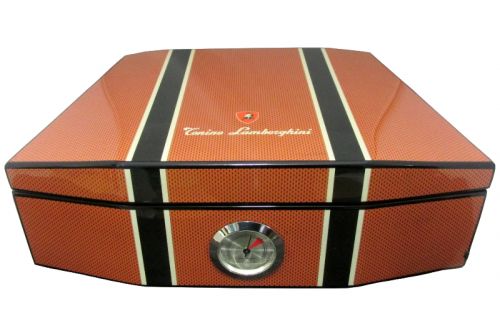 Humidor 50 szivar részére, cédrusfa szivar doboz, párásítóval, külső hygrométerrel - Lamborghini Carbon-orange