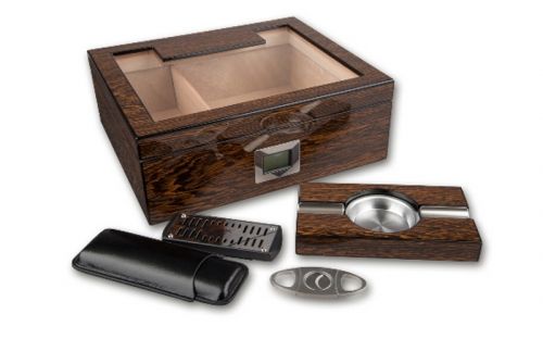 Humidor 50 szál szivarnak, üvegtetős, barna + AJÁNDÉK szett!