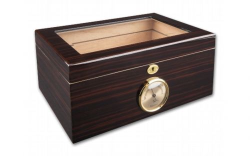 Humidor 60 szivar részére, cedrusfa szivar doboz, üvegtetővel, hygrometerrel - ébenfa