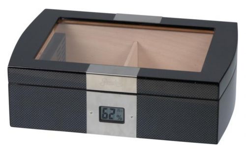 Humidor 50 szivar részére, carbon hatású, cedrusfa szivar doboz, üvegtetővel, digitális hygrometerrel - Passatore