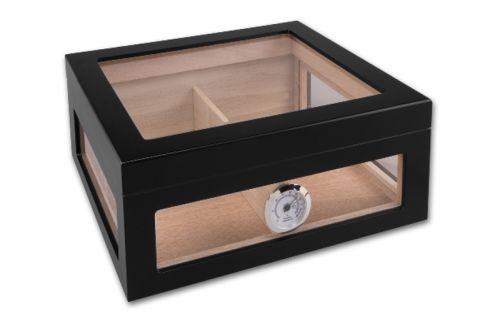 Humidor 60 szál szivar részére, spanyol cédrusfa szivar doboz, hygrométer, párásító - üvegtetős, fekete