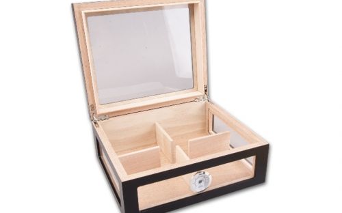 Humidor 60 szál szivar részére, spanyol cédrusfa szivar doboz, hygrométer, párásító - üvegtetős, fekete