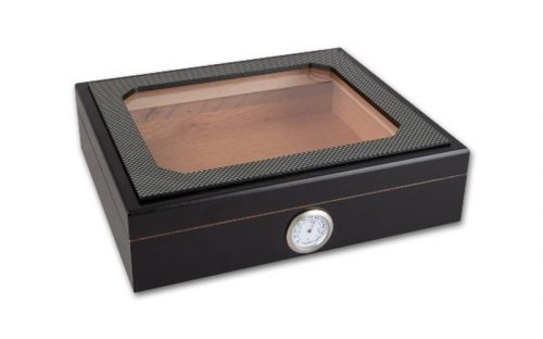 Humidor 30 szál szivar részére, cédrusfa szivar doboz, üvegtető, párásítóval, hygrométerrel - Carbon