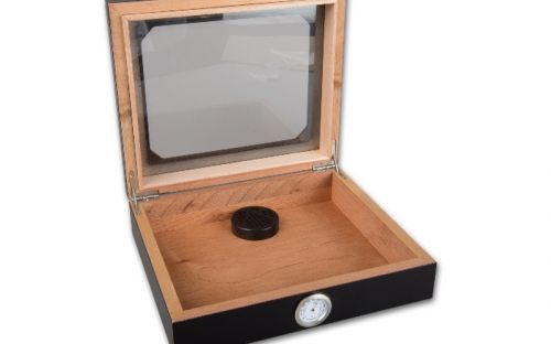 Humidor 30 szál szivar részére, cédrusfa szivar doboz, üvegtető, párásítóval, hygrométerrel - Carbon