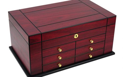 Humidor 80 szál szivar részére, spanyol cédrusfa szivartartó doboz, kulccsal zárható, párásító, hygrometer - Cherry