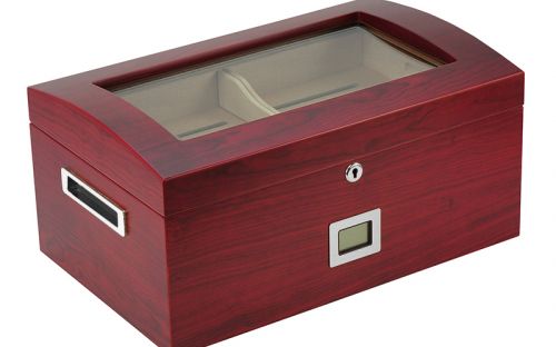 Gasztro humidor 80 szál szivar részére, üvegtetős spanyol cédrusfa szivartartó doboz, kulccsal zárható, párásító, hygrometer - Cherry