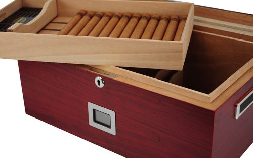 Gasztro humidor 80 szál szivar részére, üvegtetős spanyol cédrusfa szivartartó doboz, kulccsal zárható, párásító, hygrometer - Cherry