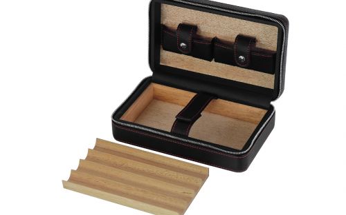 Utazó humidor 4 szál szivarhoz - cédrusfa szivartartó doboz, fekete bőr (20x13cm)