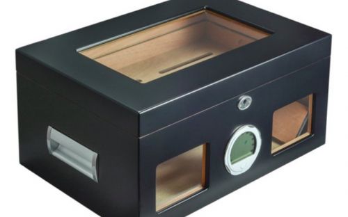 Gasztrohumidor 100 szál szivar részére, üveges szivar doboz, spanyol cédrusfa, párásító, digitális hygrométer - fekete, Achenty!