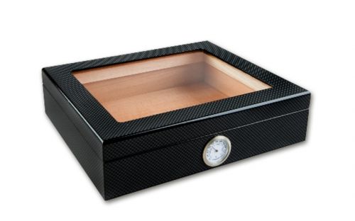 Humidor 20 szál szivar részére, cédrusfa szivar doboz, üvegtető, párásítóval, hygrométerrel - carbon