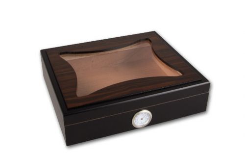 Humidor 30 szál szivar részére, cédrusfa szivar doboz, üvegtetős, párásítóval, hygrométerrel - ébenfa