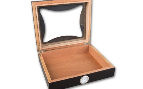 Humidor 30 szál szivar részére, cédrusfa szivar doboz, üvegtetős, párásítóval, hygrométerrel - ébenfa