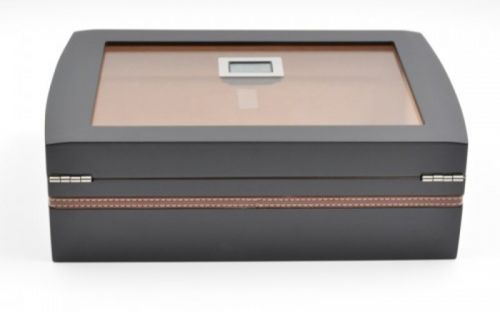 Humidor 40 szál szivarnak, cédrusfa szivar doboz, üvegtető, párásítóval, digitális higrométerrel - fekete