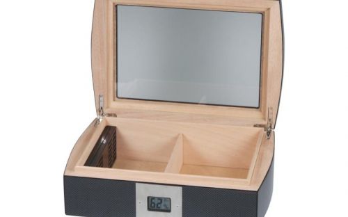Humidor 50 szivar részére, carbon hatású, cedrusfa szivar doboz, üvegtetővel, digitális hygrometerrel - Passatore