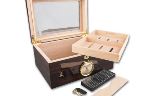 Humidor 60 szivar részére, cedrusfa szivar doboz, üvegtetővel, hygrometerrel - ébenfa