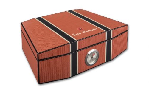 Humidor 50 szivar részére, cédrusfa szivar doboz, párásítóval, külső hygrométerrel - Lamborghini Carbon-orange