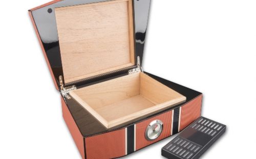 Humidor 50 szivar részére, cédrusfa szivar doboz, párásítóval, külső hygrométerrel - Lamborghini Carbon-orange