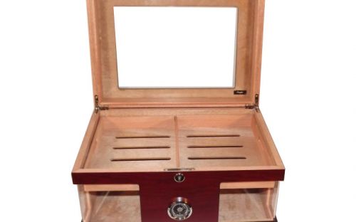 Humidor 80 szál szivar részére, cédrusfa szivar doboz, üvegtető, hygrométerrel és párásítóval - bordó, Angelo