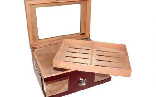 Humidor 80 szál szivar részére, cédrusfa szivar doboz, üvegtető, hygrométerrel és párásítóval - bordó, Angelo