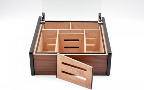 Hermoso humidor 80-100 szálas szivardoboz, cédrusfa szivartartó doboz, üvegtető, párásító - mahagóni borítással