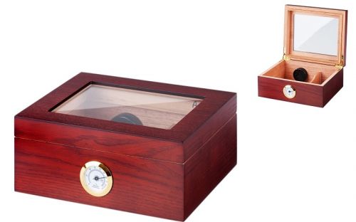 Humidor 50 szál szivar részére, cédrusfa szivar doboz, üvegtető, párásítóval, hygrométerrel - vöröses barna, Angelo