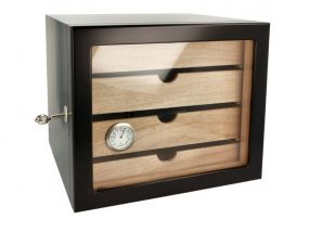 Humidor szekrény 80 szivar részére, 4 fiókkal, üveg ajtós, zárható,  külső higrométer, párásító - fekete, Angelo