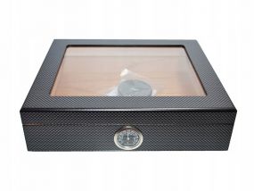 Humidor 30 szál szivar részére, spanyol cédrusfa szivar doboz, üvegtetős, párásítóval, hygrométerrel - Carbon