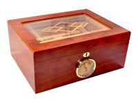 Humidor 50 szivar részére, barna, spanyol cedrusfa szivar doboz, párásító, külső hygrometer - mintás üvegtetős