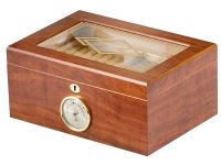 Humidor 50 szivar részére, barna színű cédrusfa szivar doboz, mintás üvegtetővel, külső hygrometerrel