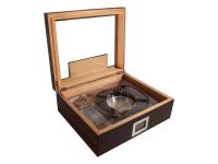 Humidor 30 szál szivar részére, spanyol cédrusfa szivar tároló doboz, üvegtetővel, párásító, hygrométer, barna-fekete + AJÁNDÉK szett